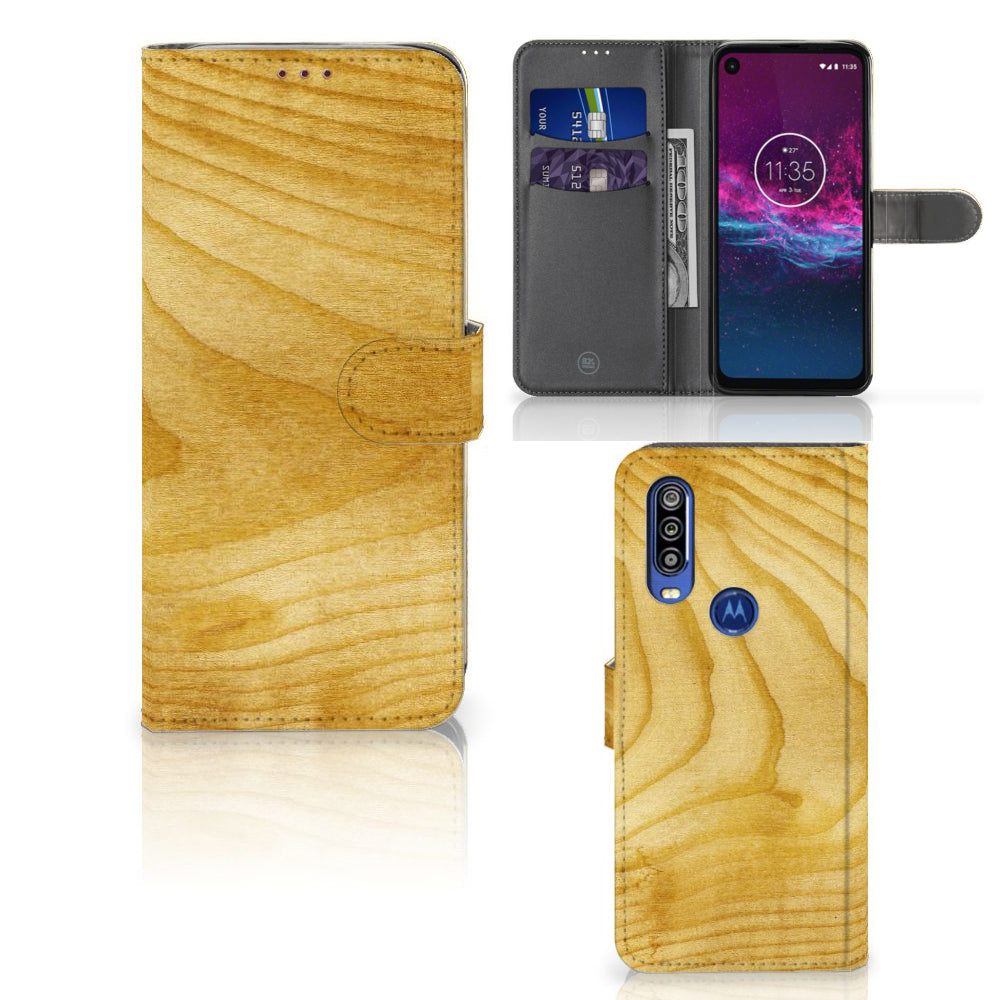 Motorola One Action Book Style Case Licht Hout