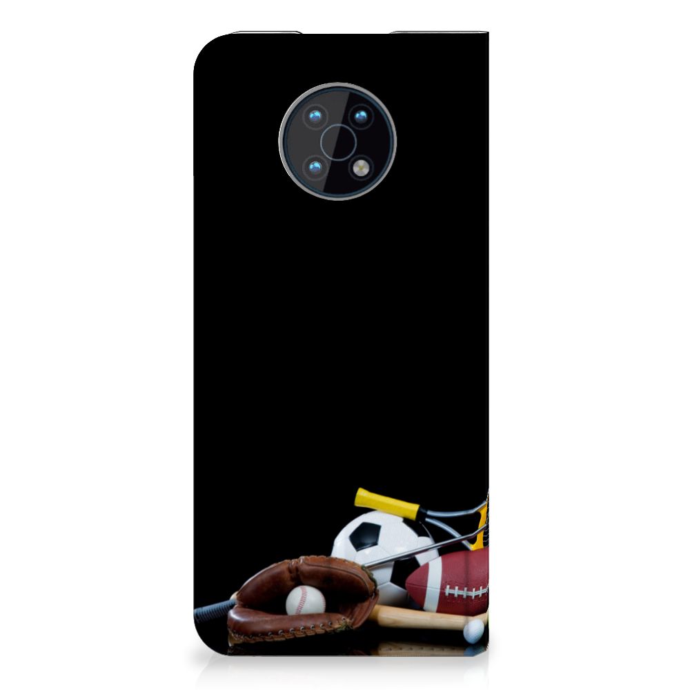 Nokia G50 Hippe Standcase Sports design with various sports equipment illustrations.