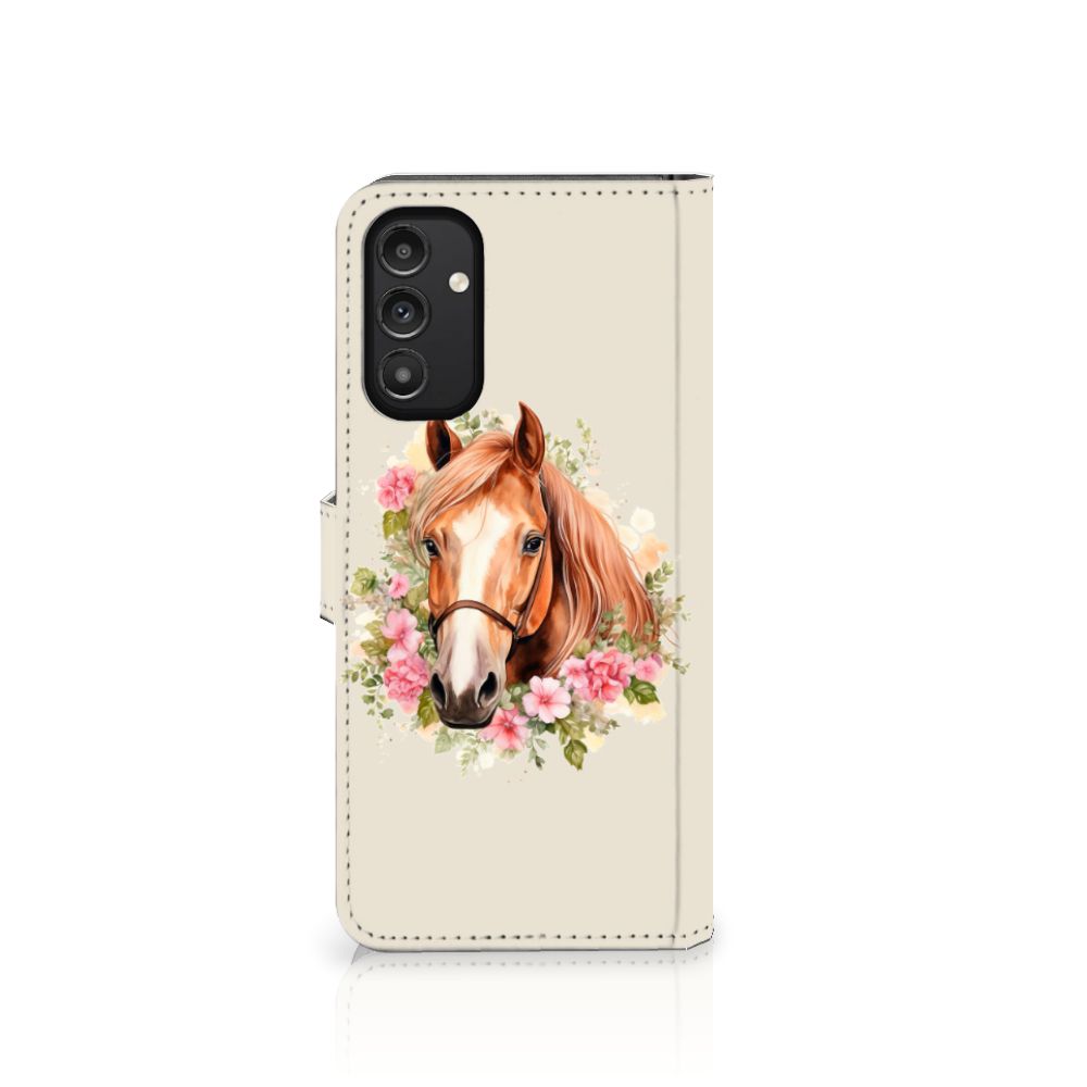 Telefoonhoesje met Pasjes voor Samsung Galaxy A14 4G Paard met bloemen en paard ontwerp.