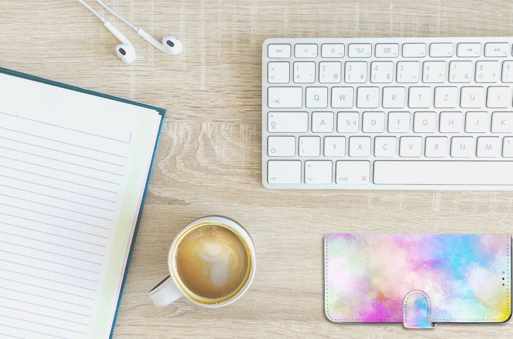 Hoesje OPPO A77 5G | A57 5G Watercolor Light met pastelkleuren op bureau met koffie en notitieboek.