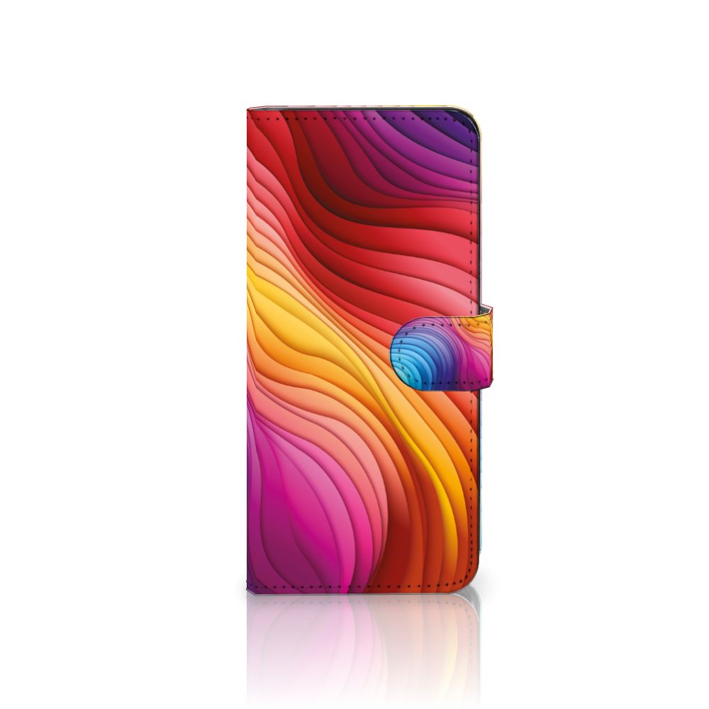 Book Case voor Samsung Galaxy A14 4G Regenboog met kleurrijk golvende design in rood, geel, paars en oranje.