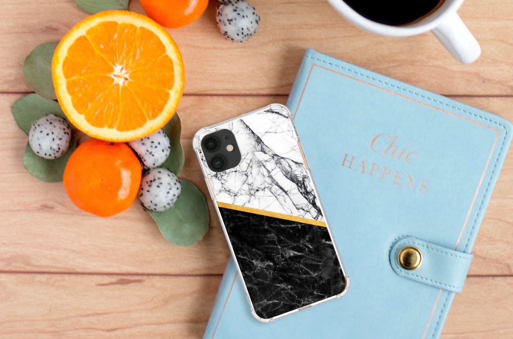 Apple iPhone 11 Anti-Shock Hoesje Marmer Wit Zwart - Origineel Cadeau Man
