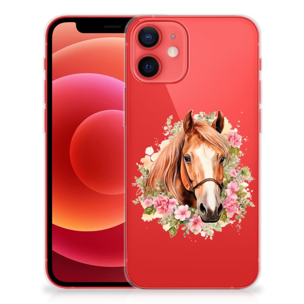 TPU Hoesje voor iPhone 12 Mini Paard met een mooie paardenillustratie en bloemen.
