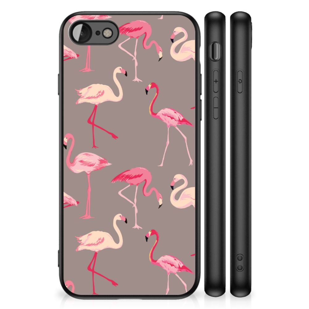 iPhone SE 2022 | SE 2020 | 7/8 Dierenprint Telefoonhoesje Flamingo met schattige flamingo's op een beige achtergrond.