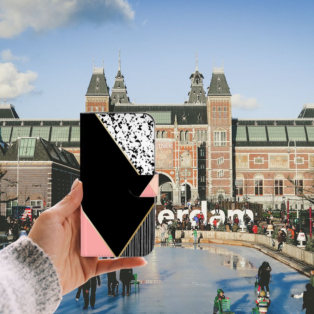 iPhone 13 Pro Max Book Case Zwart Roze Vormen