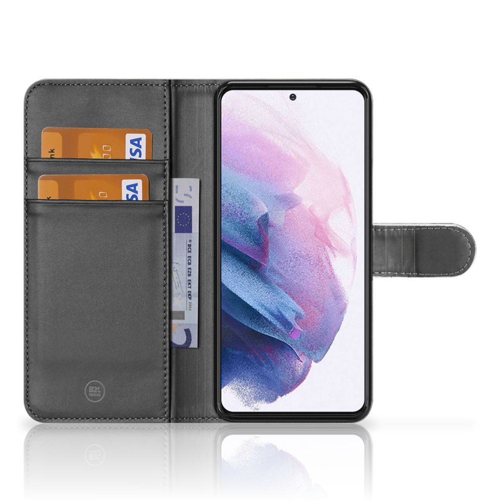 Telefoonhoesje met Pasjes Samsung Galaxy S21 Plus Britse Korthaar open met pasjes en scherm zichtbaar.