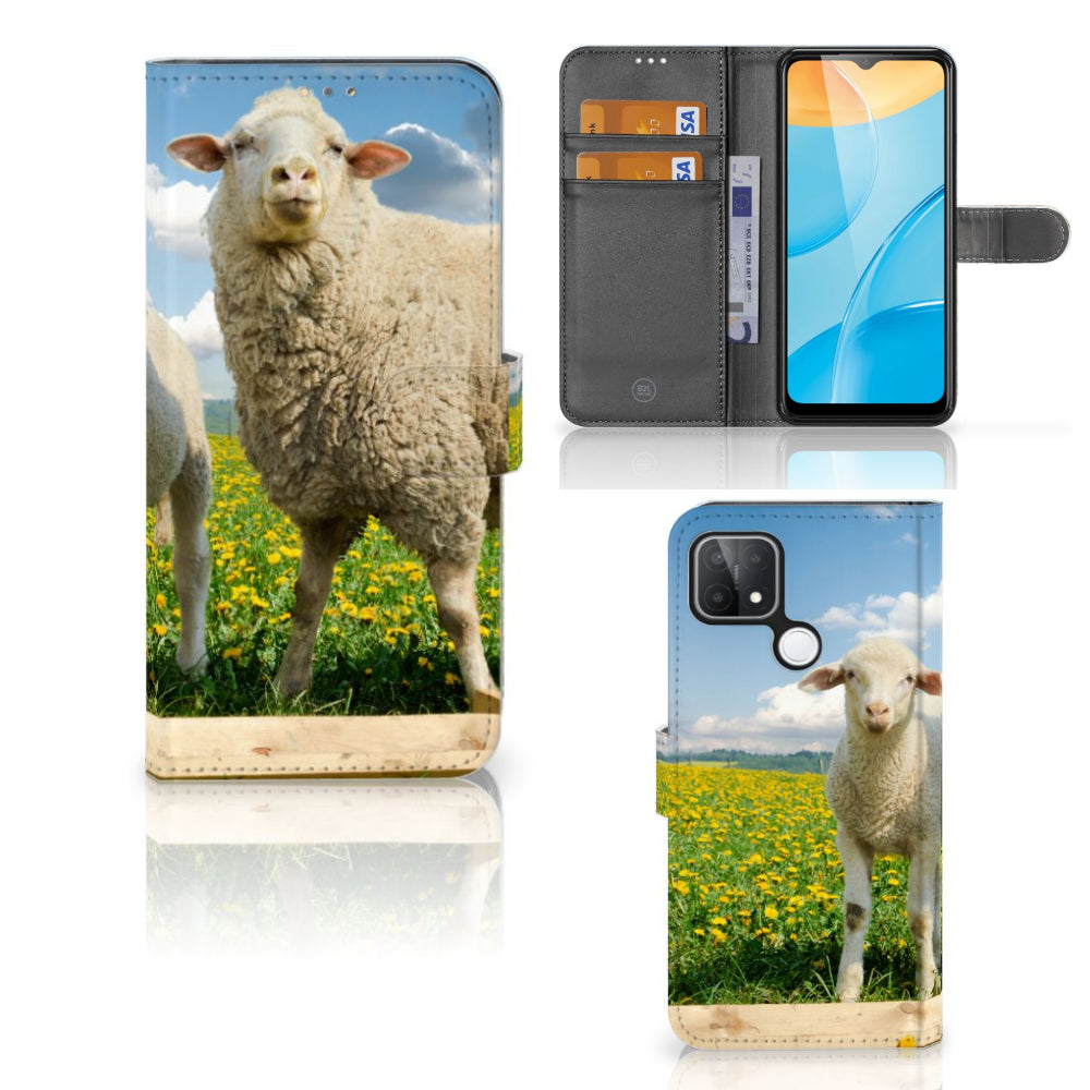 OPPO A15 Telefoonhoesje met Pasjes Schaap en Lammetje