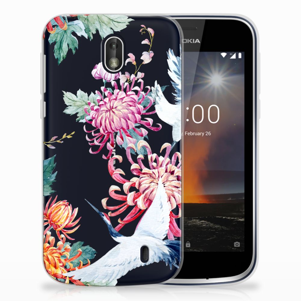 Nokia 1 TPU Hoesje Bird Flowers