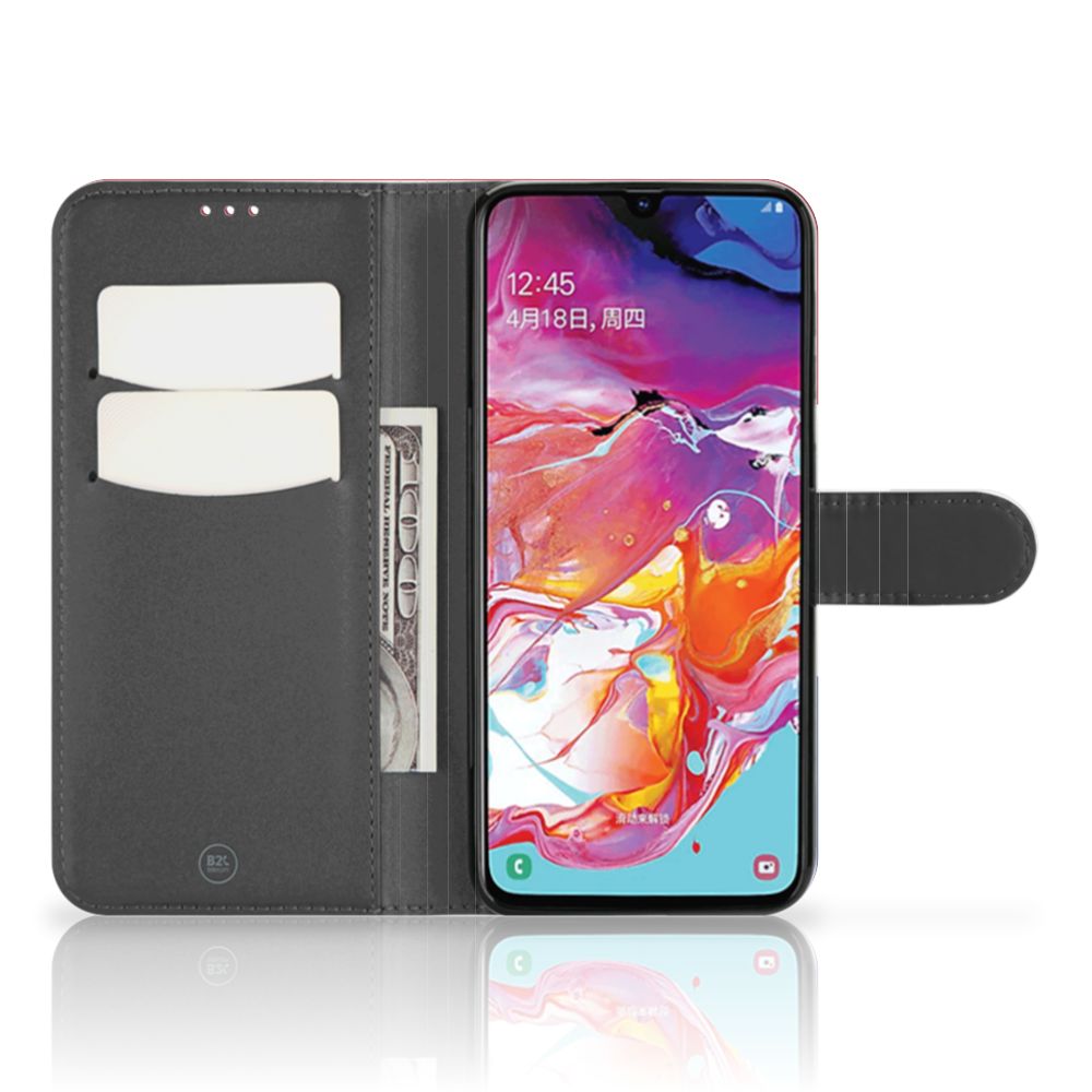 Samsung Galaxy A70 Bookstyle Case Nederlandse Vlag met pasjes en portemonnee functie, zwart met kleurrijk scherm.
