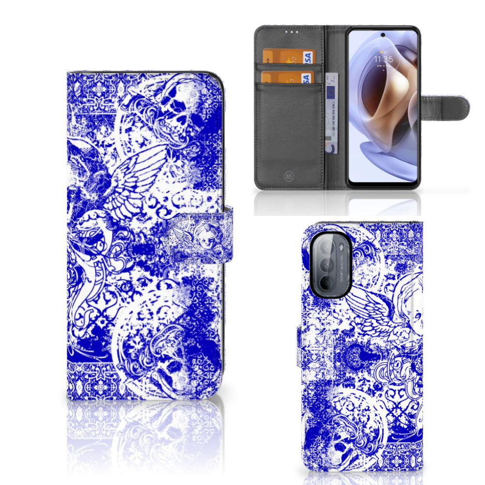 Telefoonhoesje met Naam Motorola Moto G31 | G41 Angel Skull Blauw