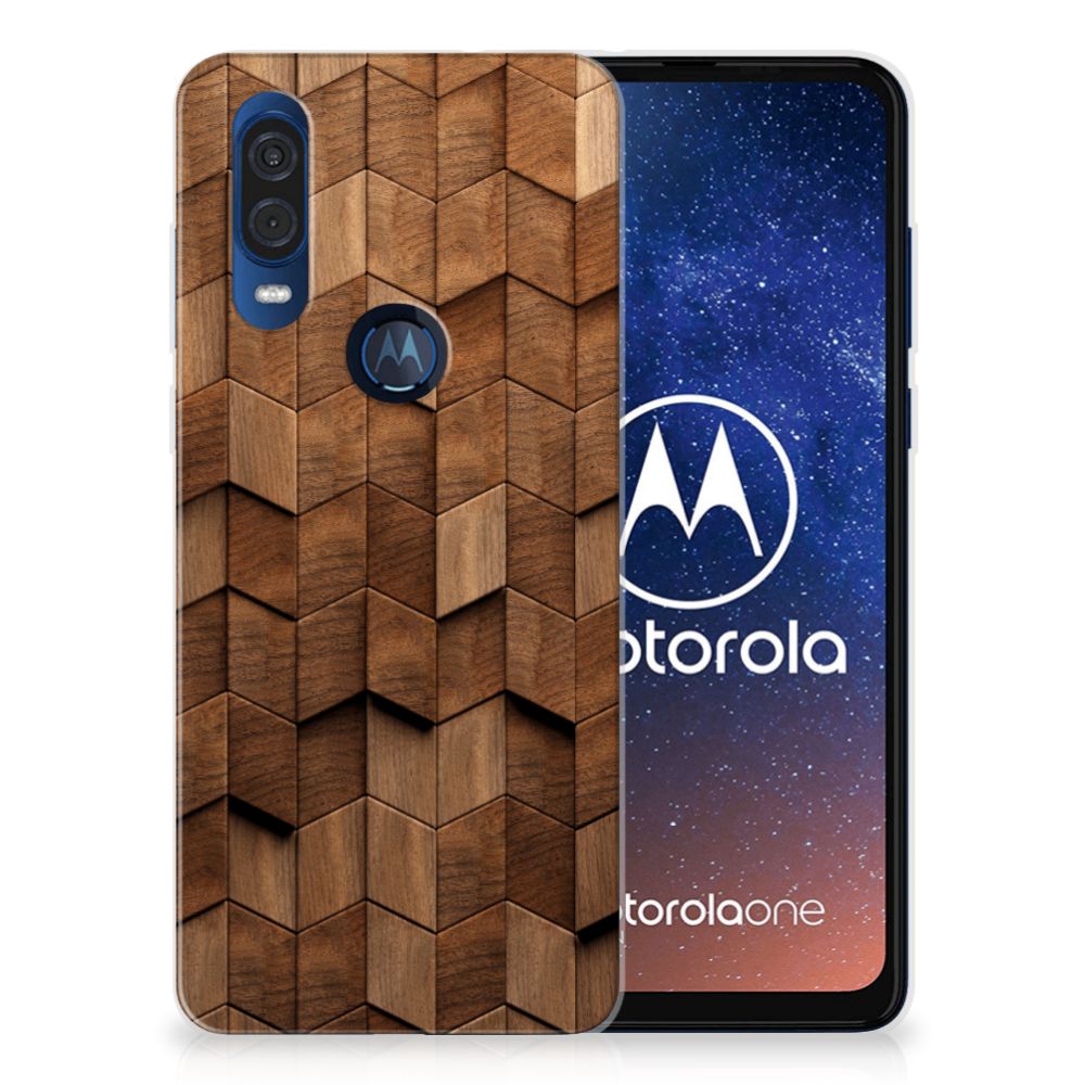 Bumper Hoesje voor Motorola One Vision Wooden Cubes