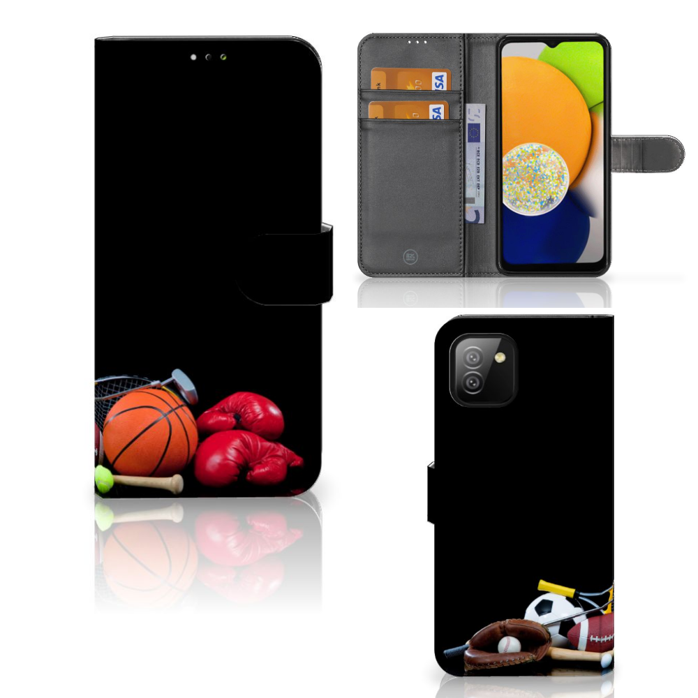 Samsung Galaxy A03 Wallet Case met Pasjes Sports met sportafbeeldingen en houders voor pasjes en briefgeld.