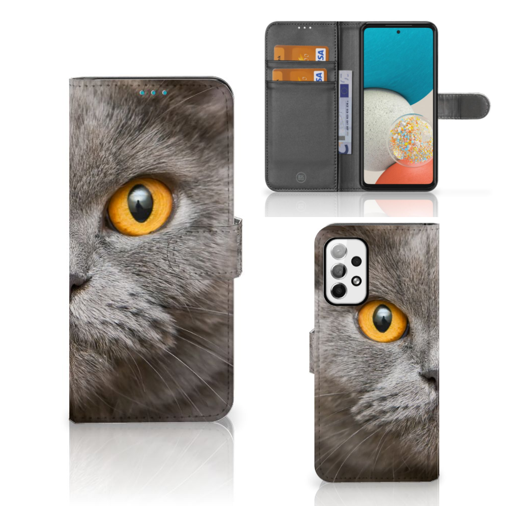 Telefoonhoesje met Pasjes Samsung Galaxy A73 5G Britse Korthaar met close-up van grijze kat met gele ogen.