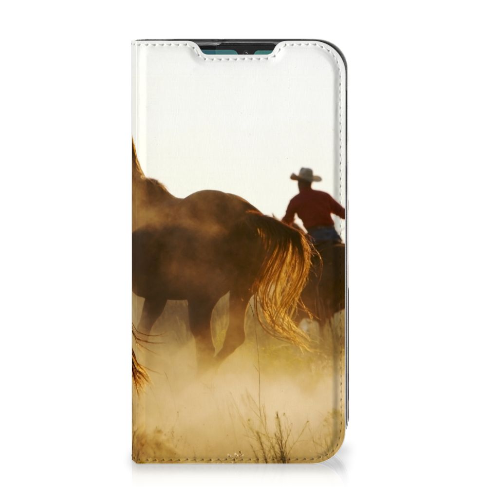 Motorola G8 Plus Hoesje maken Design Cowboy met paarden en cowboy in zonsondergang