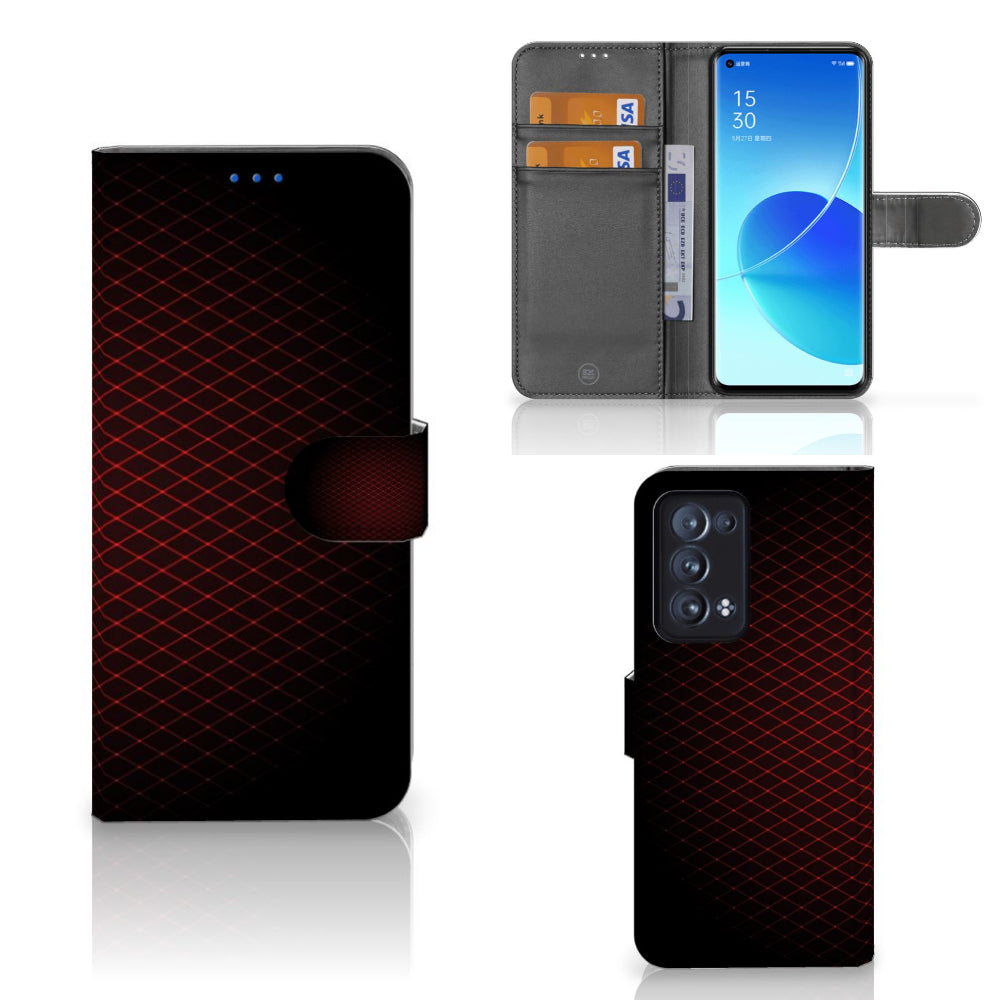 OPPO Reno 6 Pro Plus 5G Telefoon Hoesje Geruit Rood met ruimte voor 3 pasjes en strak design.
