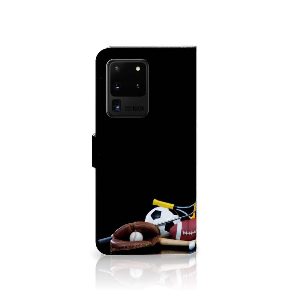 Samsung Galaxy S20 Ultra Wallet Case met Pasjes Sports met diverse sportafbeeldingen en ruimte voor pasjes.