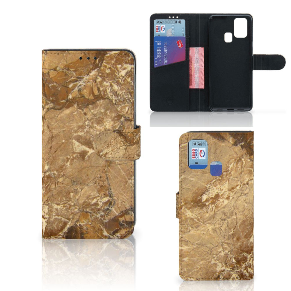 Samsung Galaxy M31 Bookcase Marmer Creme met pasjes in luxe marmerlook design, beschermd jouw telefoon perfect.