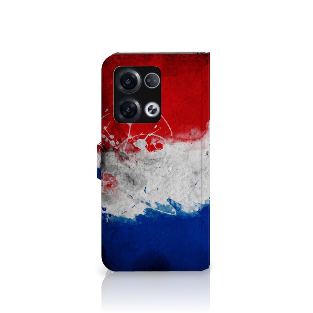 OPPO Reno8 Pro Bookstyle Case Nederland met artistieke Nederlandse vlag in rood, wit en blauw.