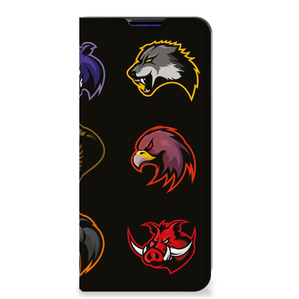 Samsung Galaxy A03s Magnet Case Cartoon met dierenlogo's op zwarte achtergrond.