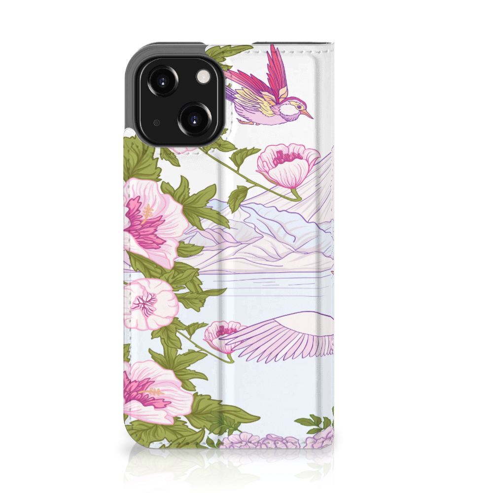 iPhone 13 Mini Hoesje maken Bird Standing met kleurrijke vogels en bloemen in roze en paarse kleuren.