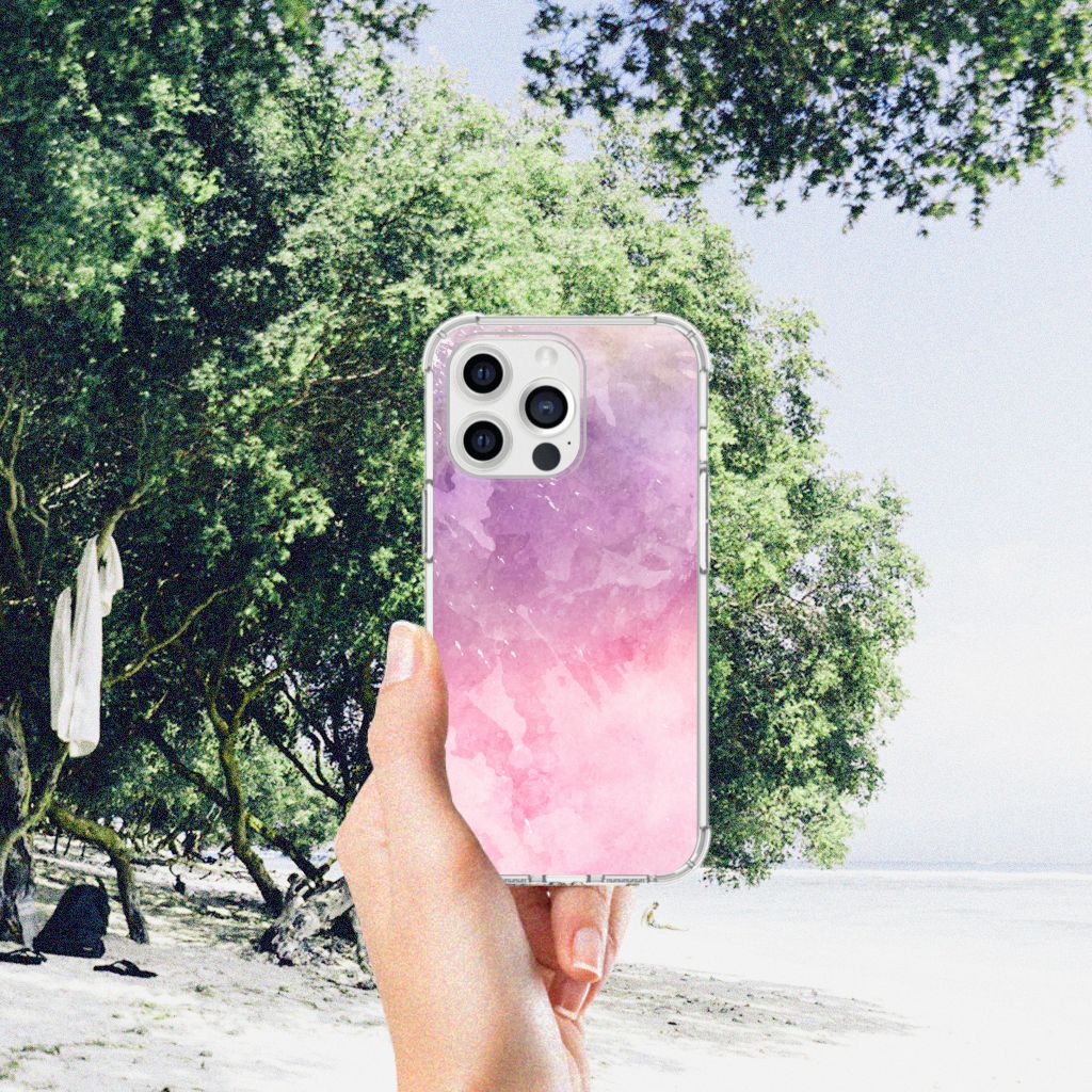 Back Cover iPhone 13 Pro Max Pink Purple Paint met een prachtig ontwerp van roze en paars op een zonnig strand.
