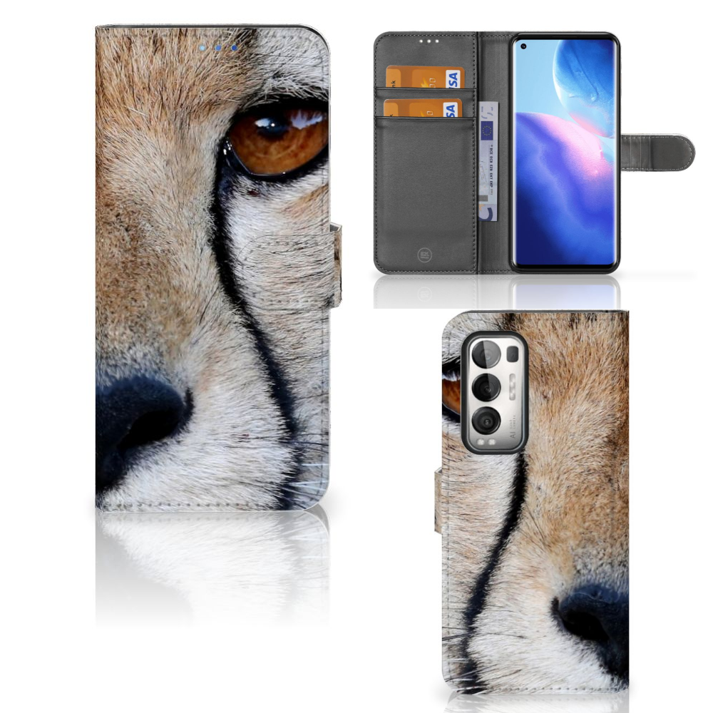 OPPO Find X3 Neo 5G Telefoonhoesje met Pasjes Cheetah close-up van cheeta met ruimte voor 3 pasjes