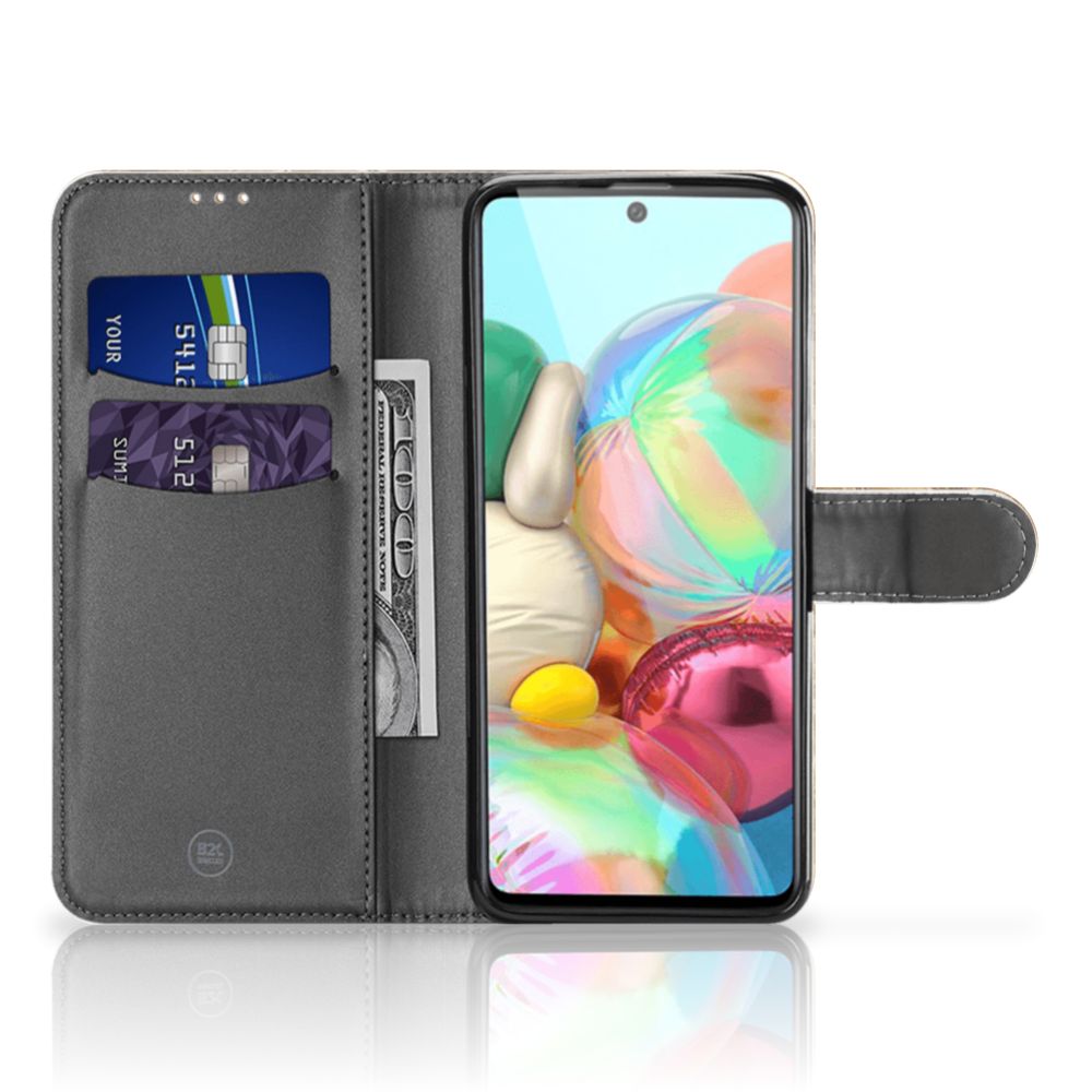 Samsung Galaxy A71 Bookcase Marmer Creme met ruimte voor pasjes en geld, luxe bescherming voor jouw telefoon.