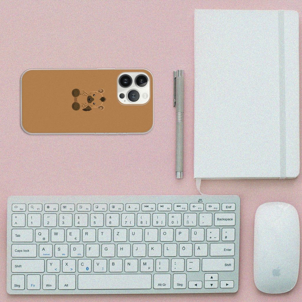 iPhone 13 Pro Max Telefoonhoesje met Naam Baby Hyena op een bureau met toetsenbord en notitieboekje