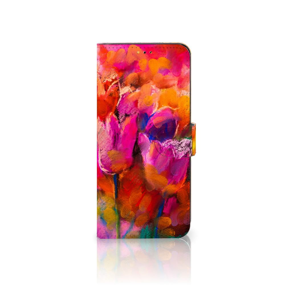 Hoesje Samsung Galaxy A14 5G Tulips met kleurrijk tulpenontwerp en ruimte voor 3 pasjes.