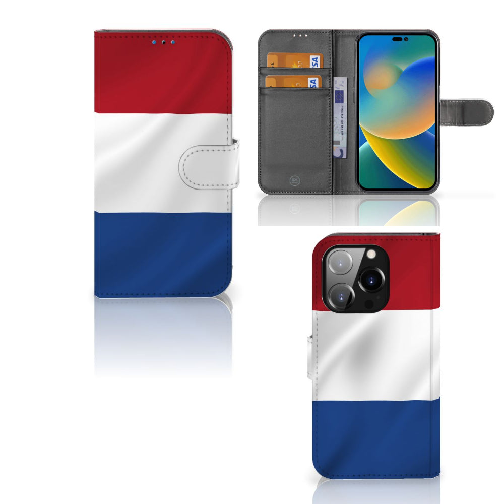 iPhone 14 Pro Bookstyle Case Nederlandse Vlag met pasjes en artistiek design van de Nederlandse vlag.