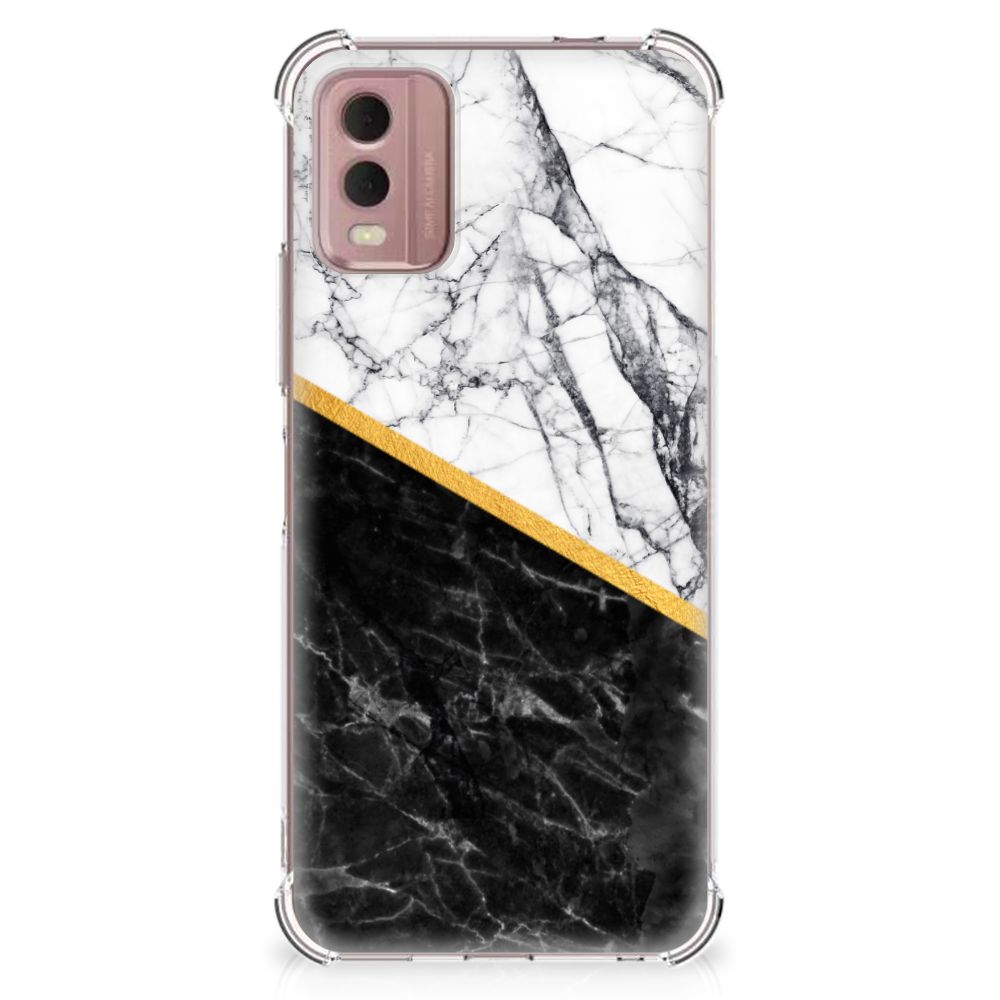 Nokia C32 Anti-Shock Hoesje Marmer Wit Zwart - Origineel Cadeau Man B2C Telecom