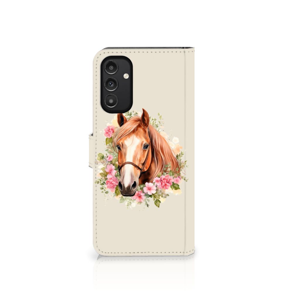 Telefoonhoesje met Pasjes voor Samsung Galaxy A14 5G Paard met bloemen en paardenontwerp.