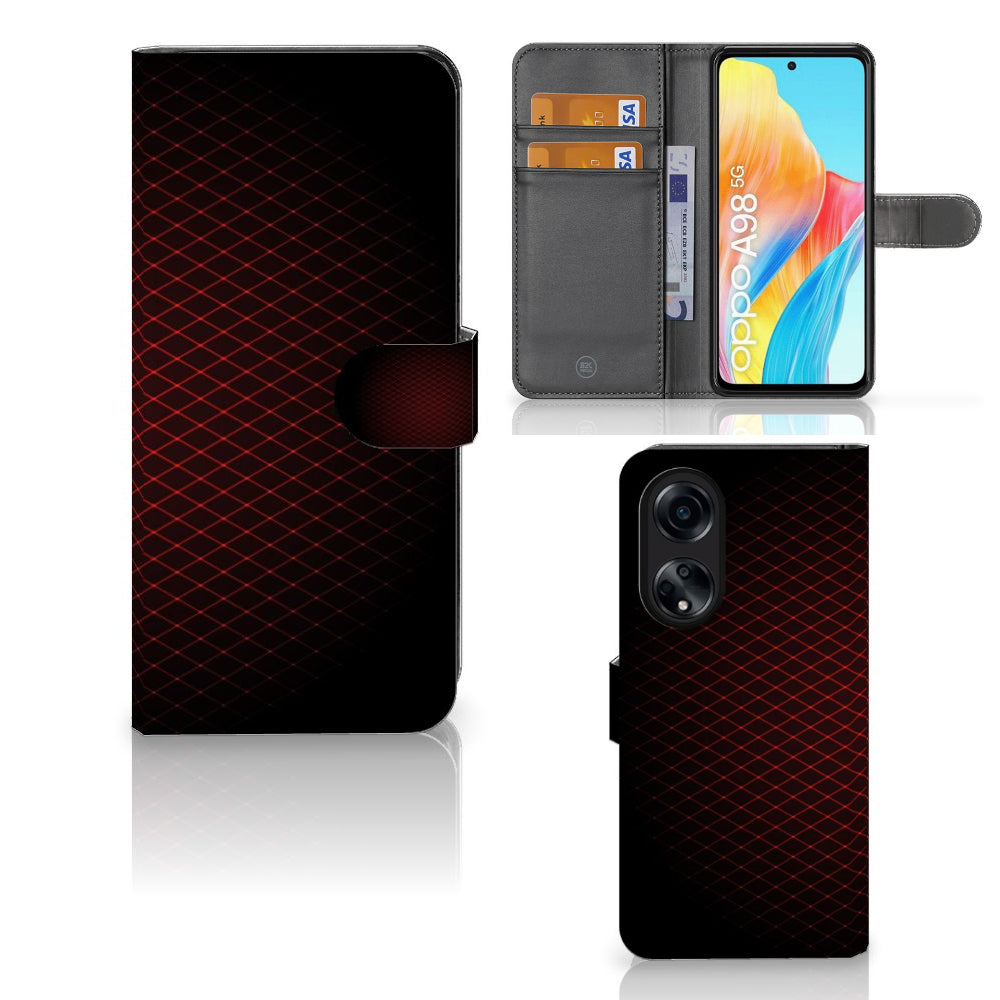 OPPO A98 5G Telefoon Hoesje Geruit Rood met ruimte voor pasjes en minimalistisch design.