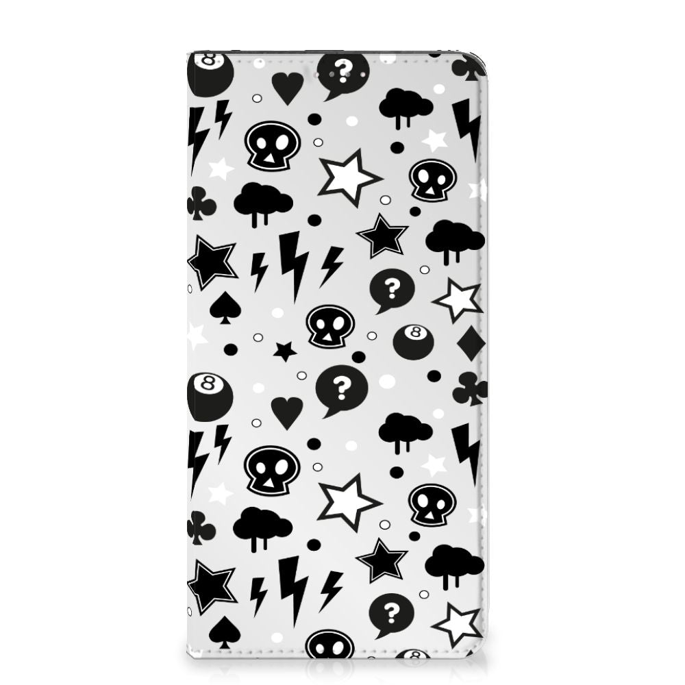 Mobiel BookCase Samsung Galaxy A14 5G Silver Punk met unieke zwart-witte grafische ontwerpen.