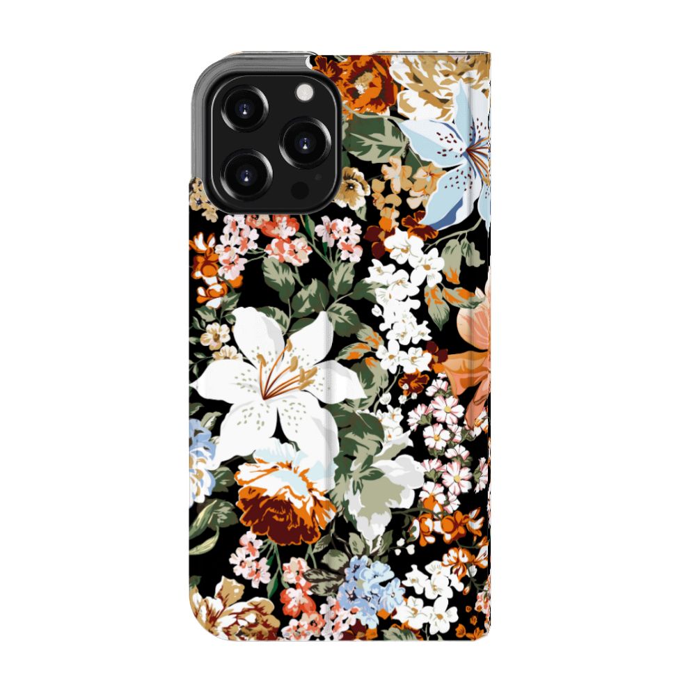 Smart Cover voor iPhone 13 Pro Max Dark Flowers met kleurrijke bloemen op een zwarte achtergrond 🌸.
