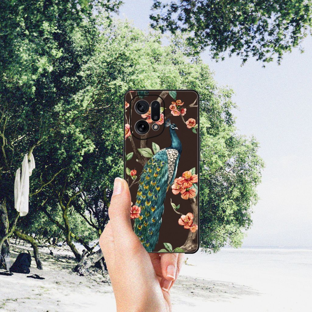 OPPO Find X5 Dierenprint Telefoonhoesje Pauw met Bloemen B2C Telecom