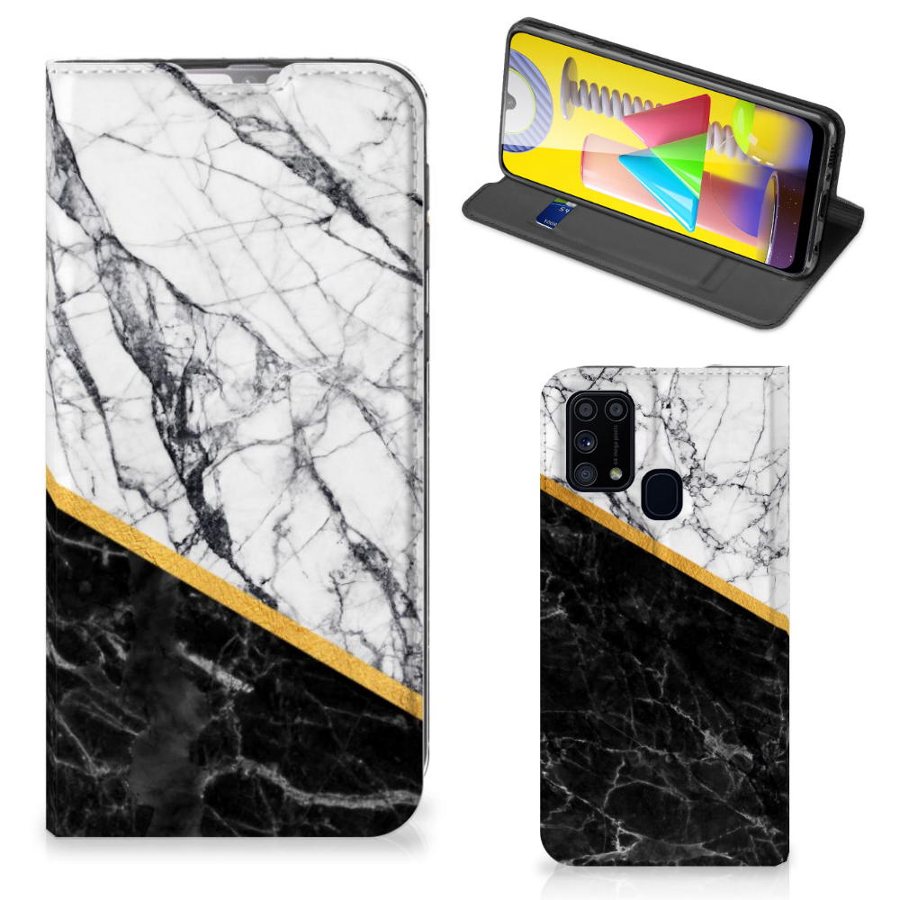 Samsung Galaxy M31 Standcase Marmer Wit Zwart - Origineel Cadeau Man - B2C Telecom