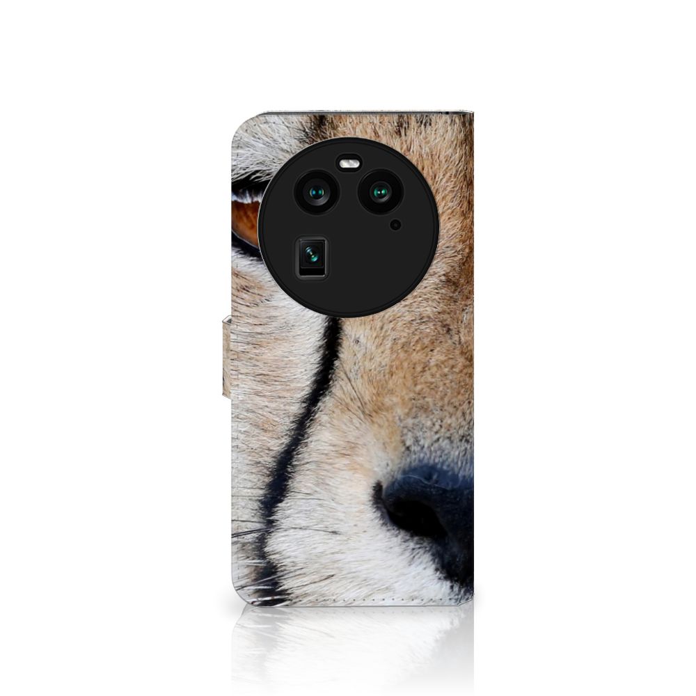 OPPO Find X6 Telefoonhoesje met Pasjes Cheetah close-up design met cheeta gezicht en camera uitsparing