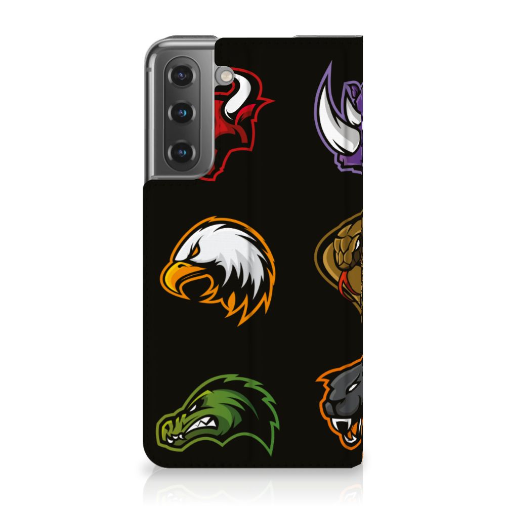 Samsung Galaxy S21 FE Magnet Case Cartoon with colorful cartoon animal logos on a black background.