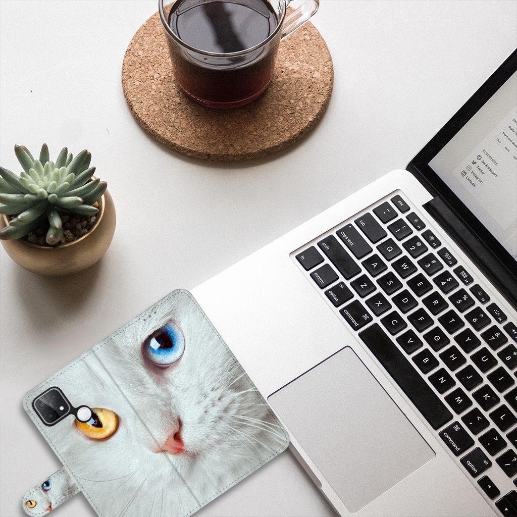 OPPO A15 Telefoonhoesje met Pasjes Witte Kat