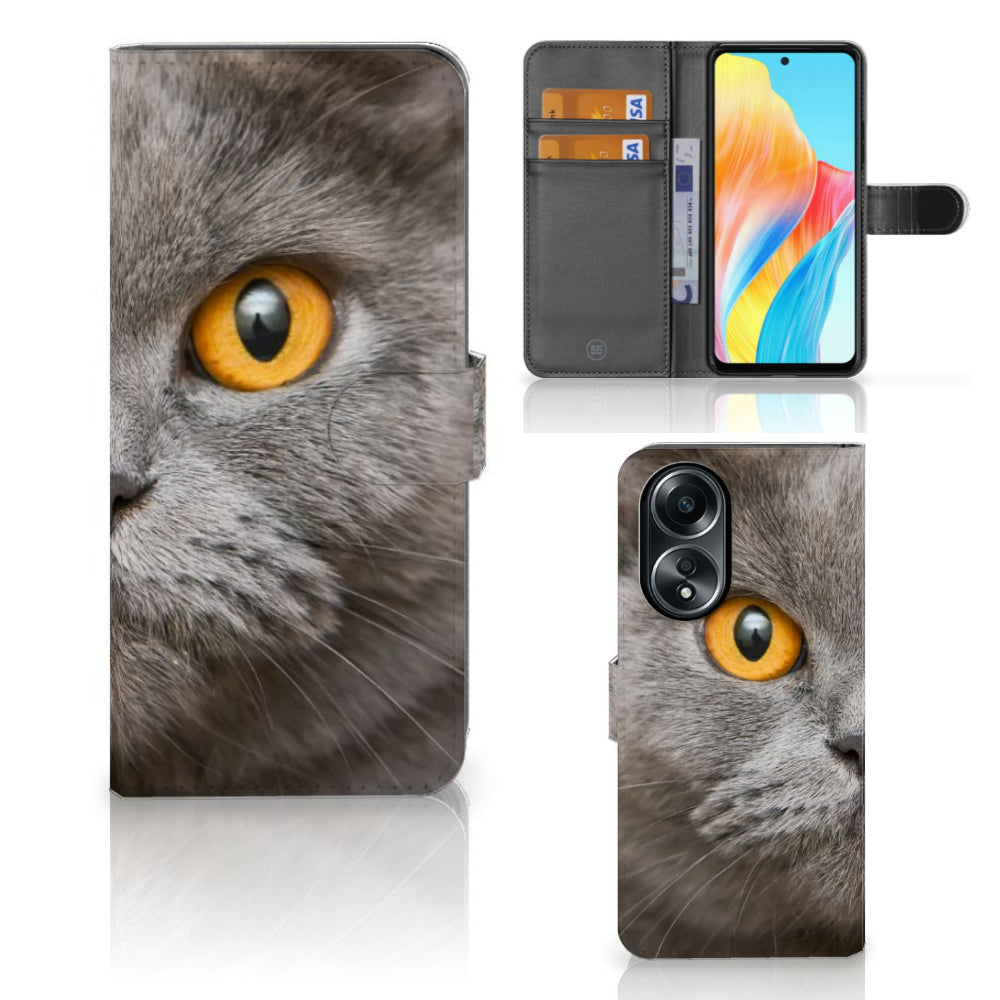 Telefoonhoesje met Pasjes OPPO A58 4G Britse Korthaar met afbeelding van een kattengezicht met gele ogen.