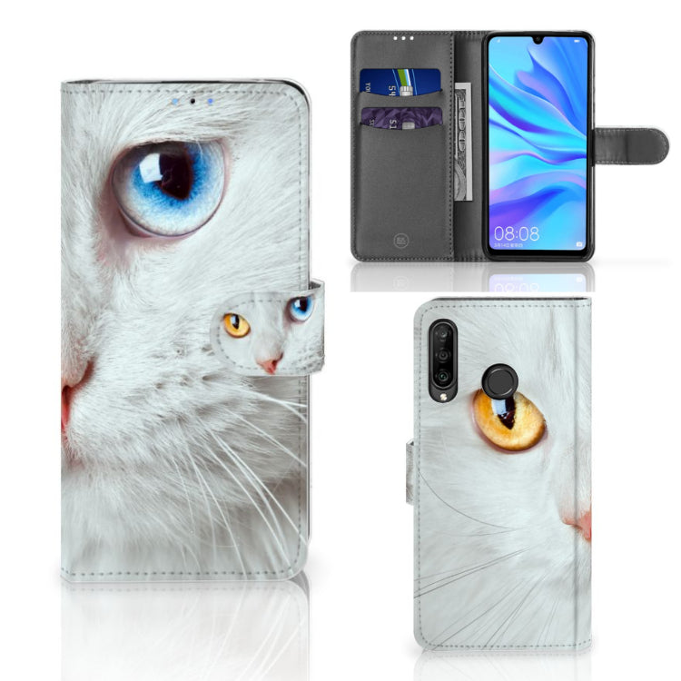 Huawei P30 Lite (2020) Telefoonhoesje met Pasjes Witte Kat