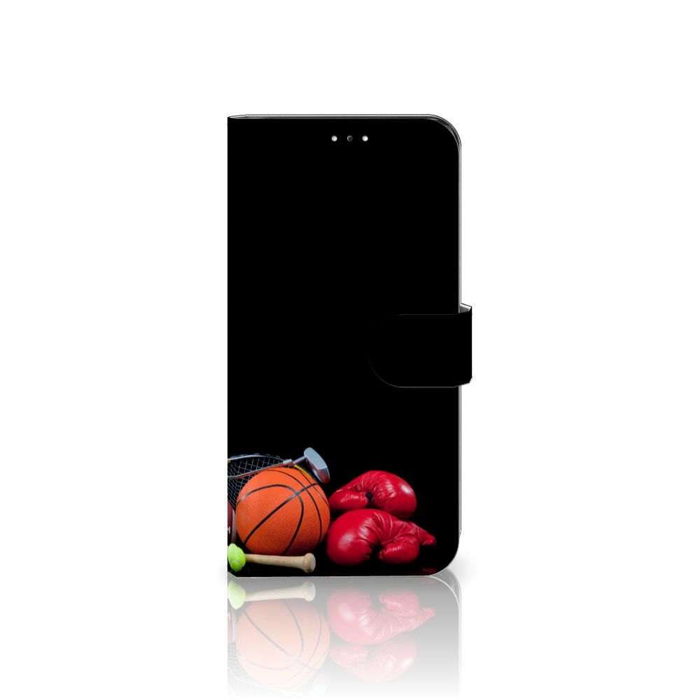 Samsung Galaxy A33 5G Wallet Case met Pasjes Sports met afbeeldingen van sportuitrusting zoals een basketbal en bokshandschoenen.