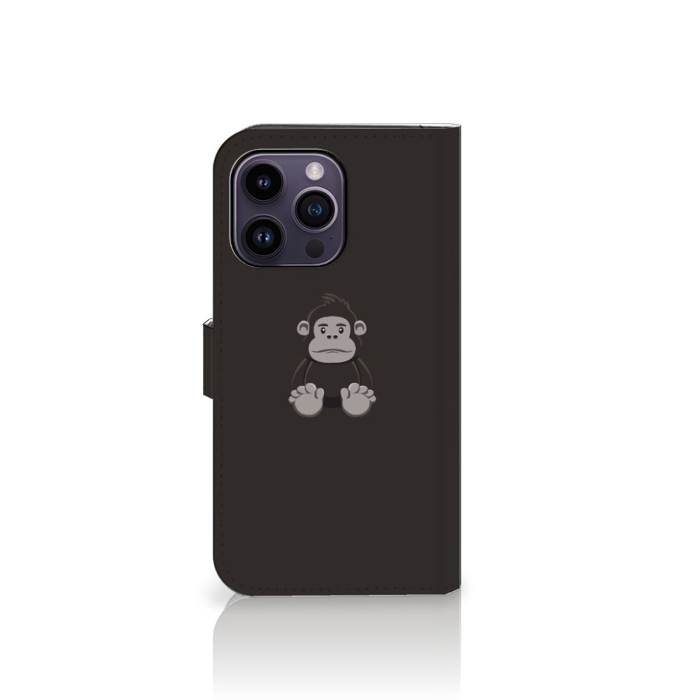 iPhone 15 Pro Max Leuk Hoesje Gorilla met schattige gorilla afbeelding op zwarte flip case.