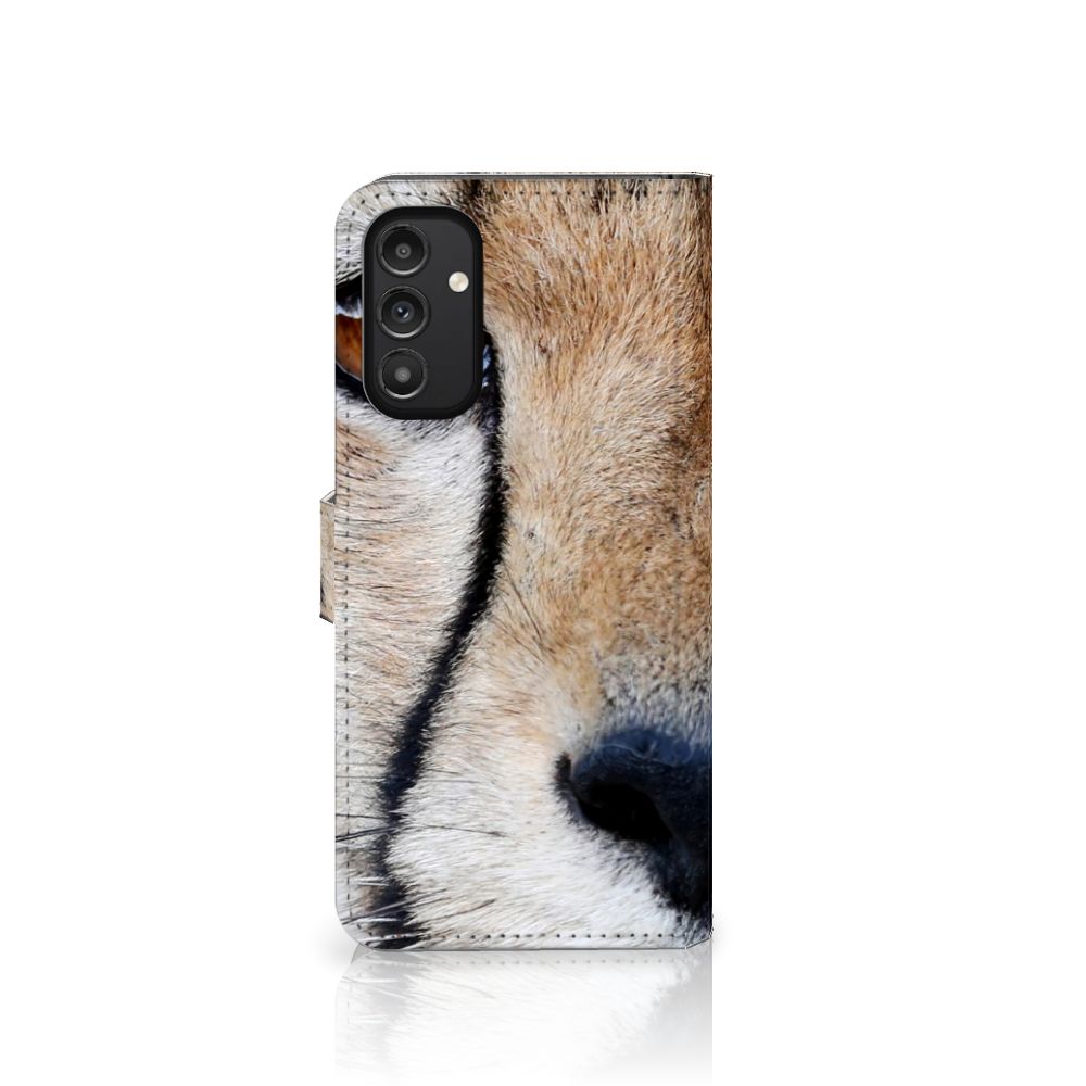 Samsung Galaxy A14 4G Telefoonhoesje met Pasjes Cheetah met close-up afbeelding van cheeta gezicht.