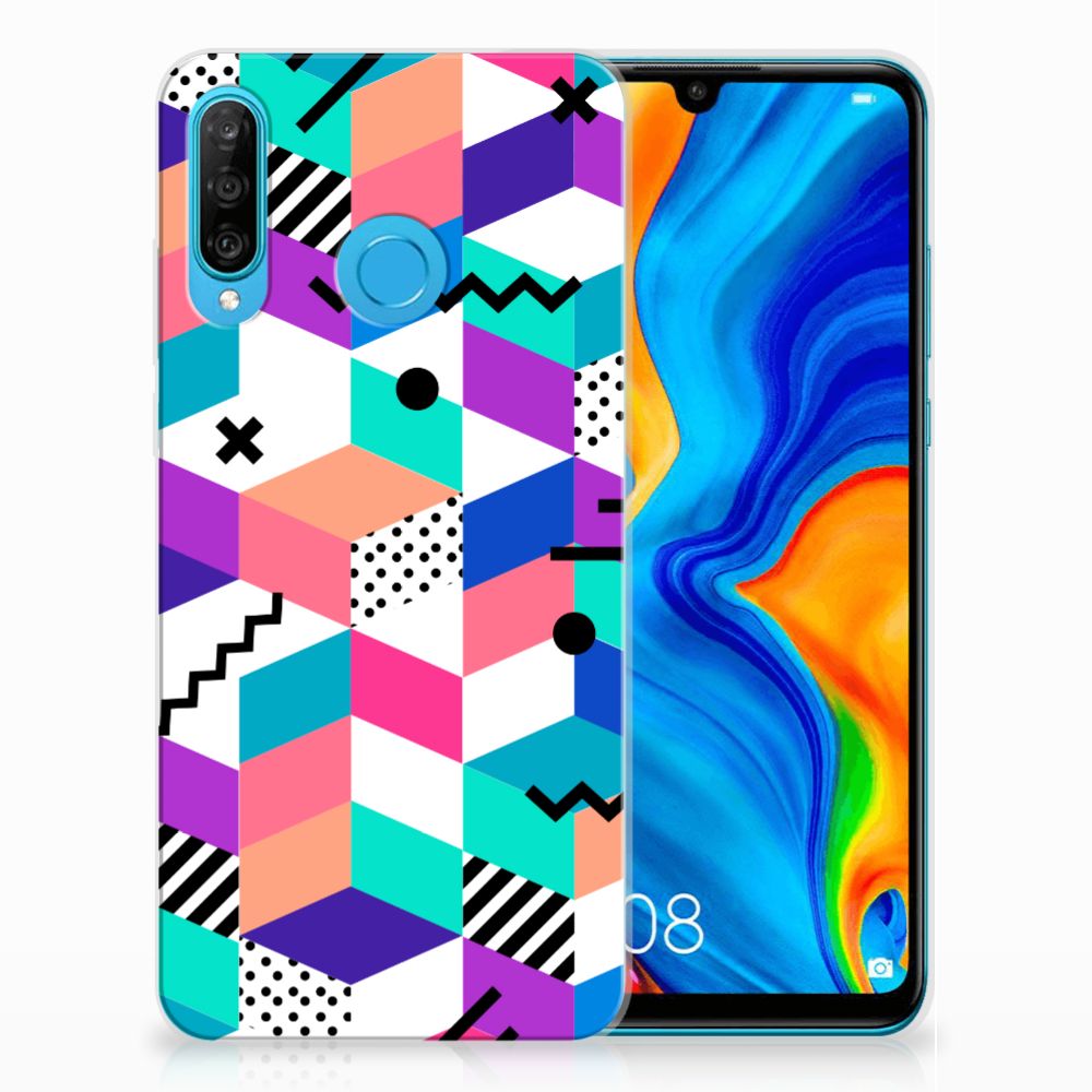 Huawei P30 Lite TPU Hoesje Blokken Kleurrijk