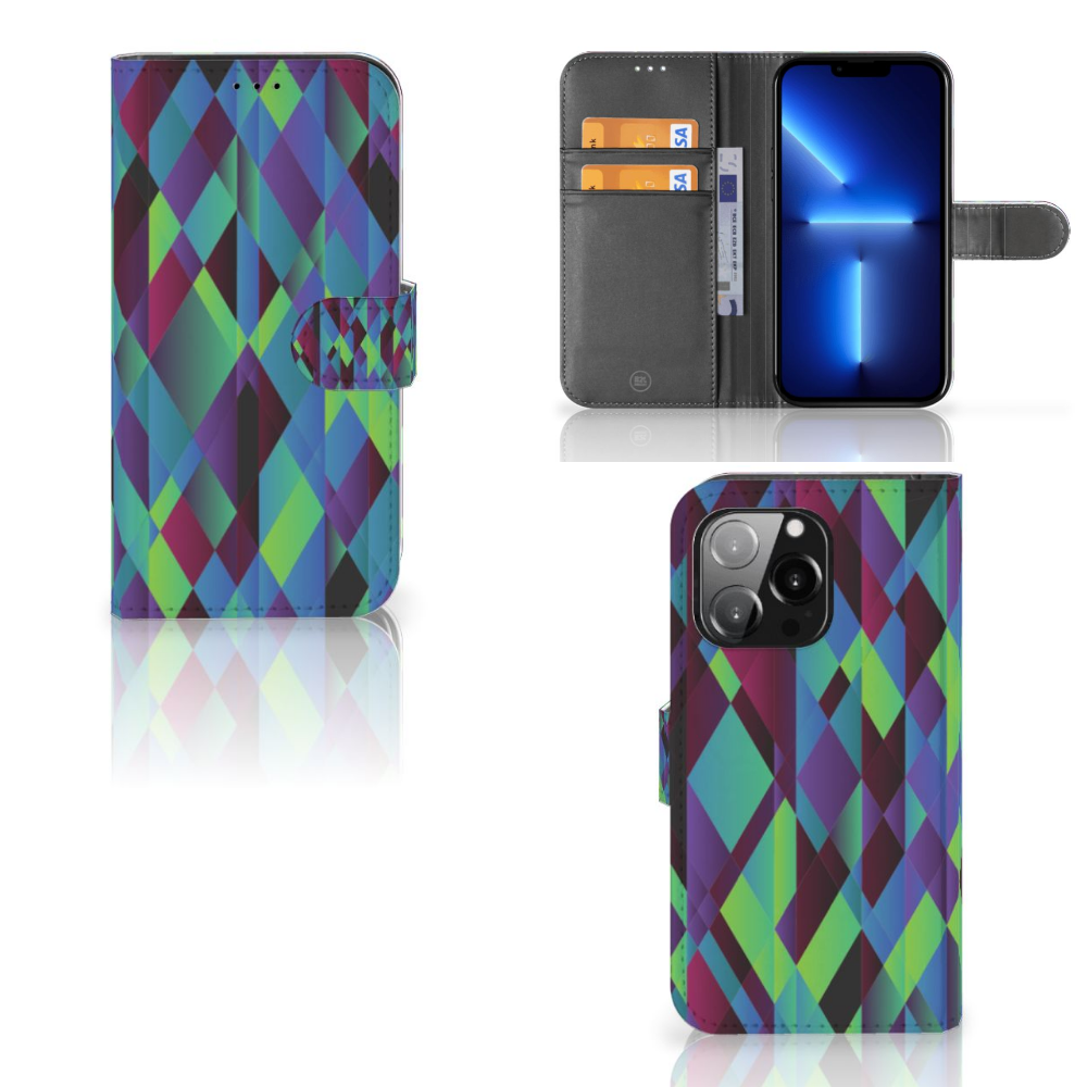 iPhone 13 Pro Book Case Abstract Green Blue met kleurrijk geometrisch design in groen, blauw en paars. 🌈