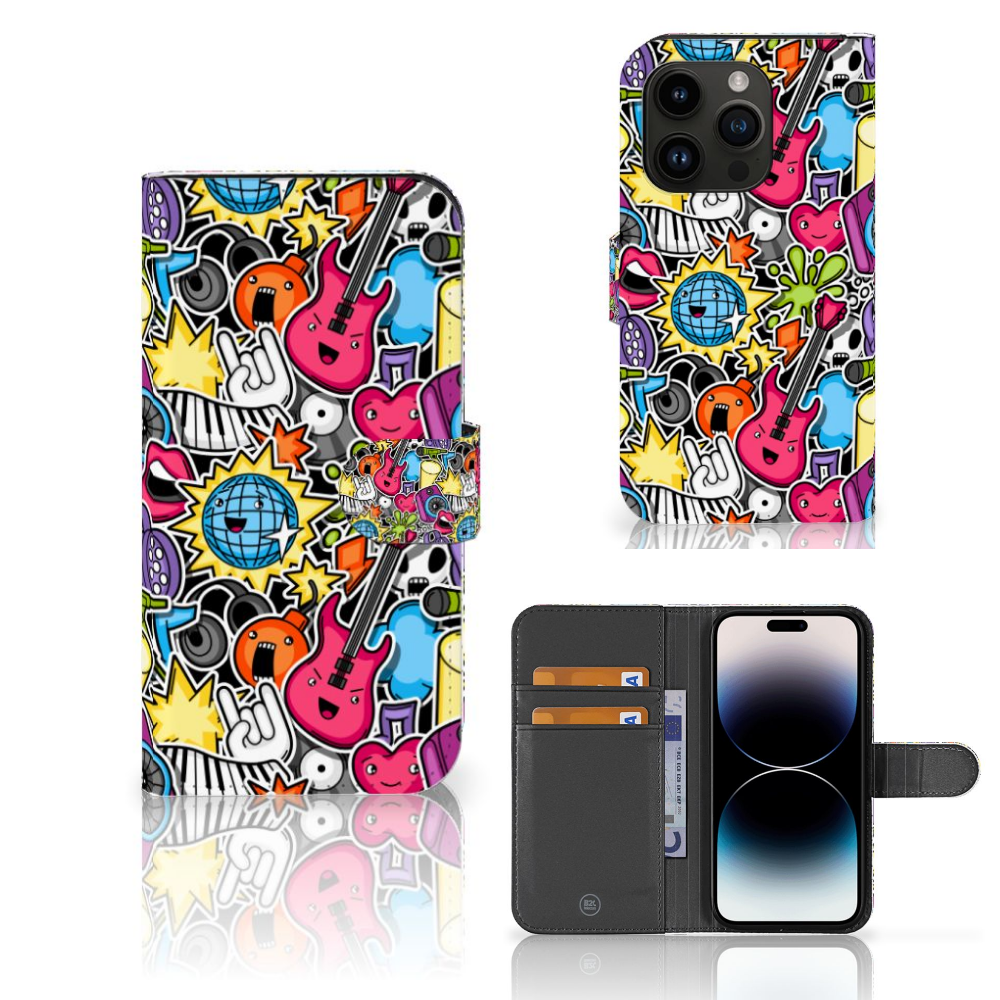 iPhone 15 Pro Wallet Case met Pasjes Punk Rock met kleurrijke gitaren en discoballen 🎸