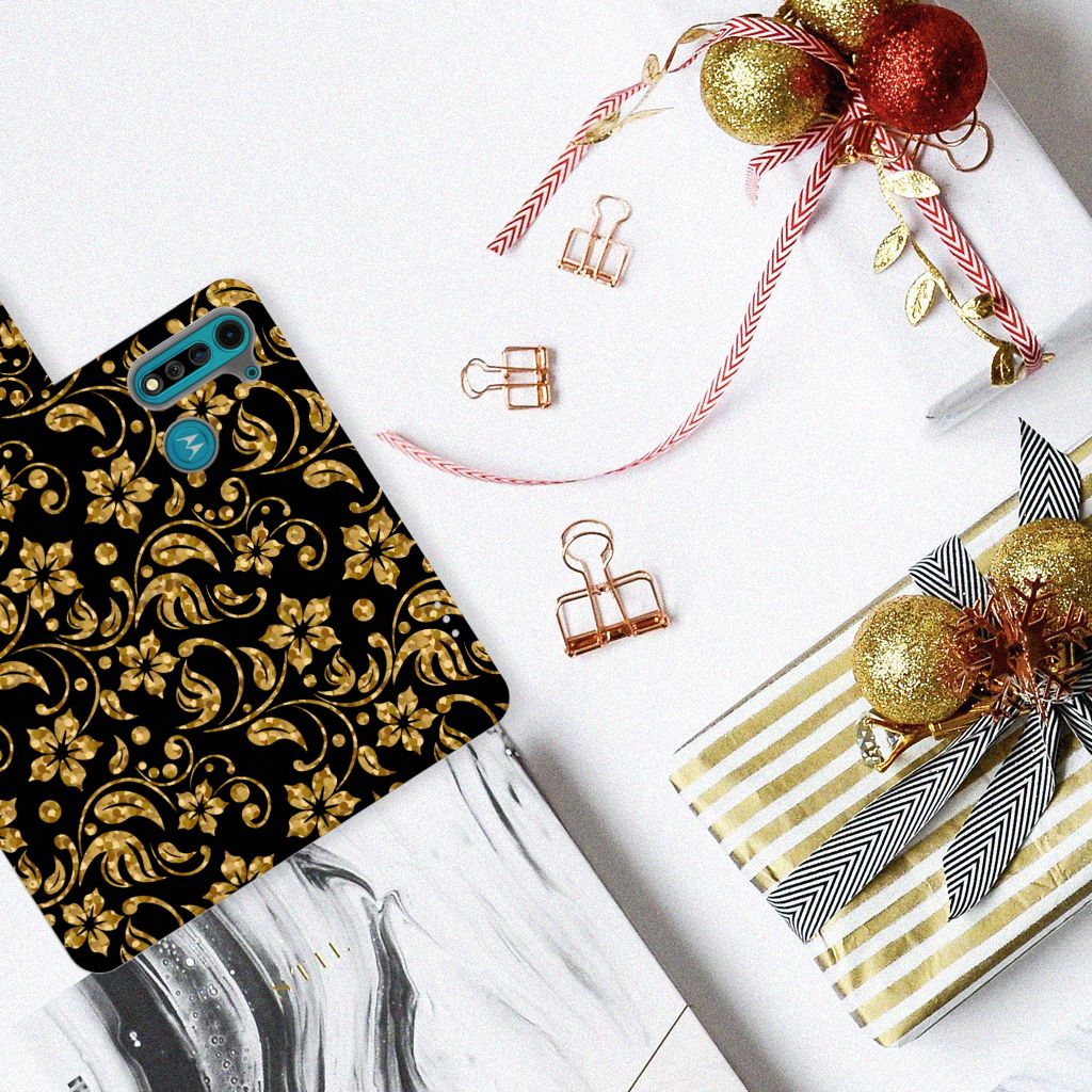 Motorola G8 Power Lite Hoesje Gouden Bloemen