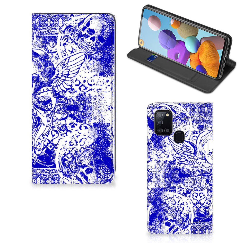 Mobiel BookCase Samsung Galaxy A21s Angel Skull Blauw